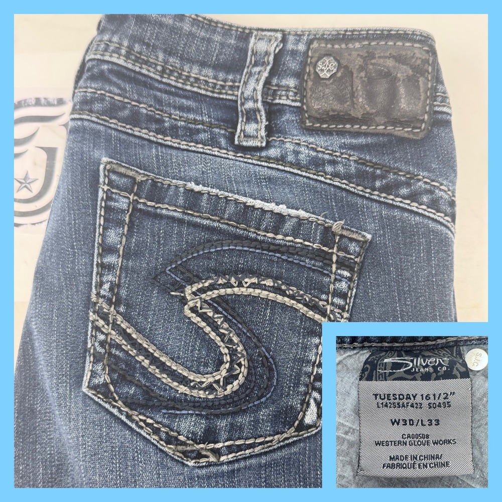 Silver Jeans Tuesday Slim Bootcut Jeans Womens 30x33 Blue Embroidered Pocket